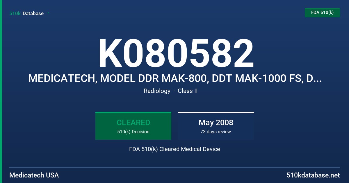 K080582 MEDICATECH, MODEL DDR MAK-800, DDT MAK-1000 FS, DDR MAK-1100 FA FDA 510(k) Cleared Medical Device