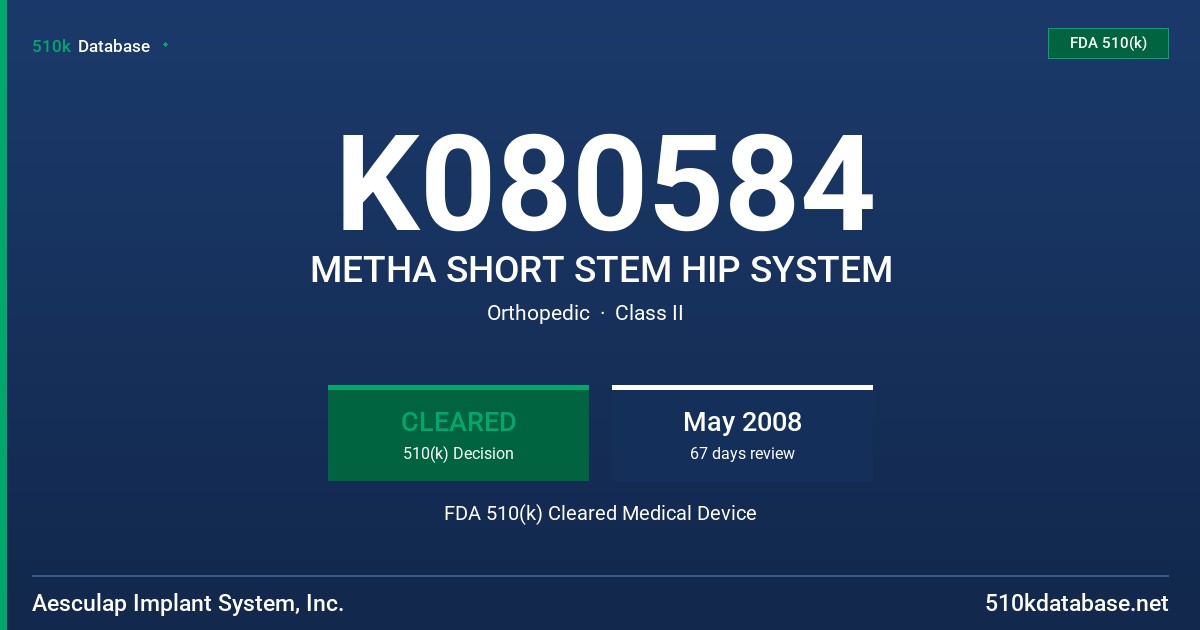 K080584 METHA SHORT STEM HIP SYSTEM FDA 510(k) Cleared Medical Device