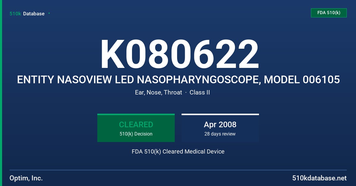 K080622 ENTITY NASOVIEW LED NASOPHARYNGOSCOPE, MODEL 006105 FDA 510(k) Cleared Medical Device