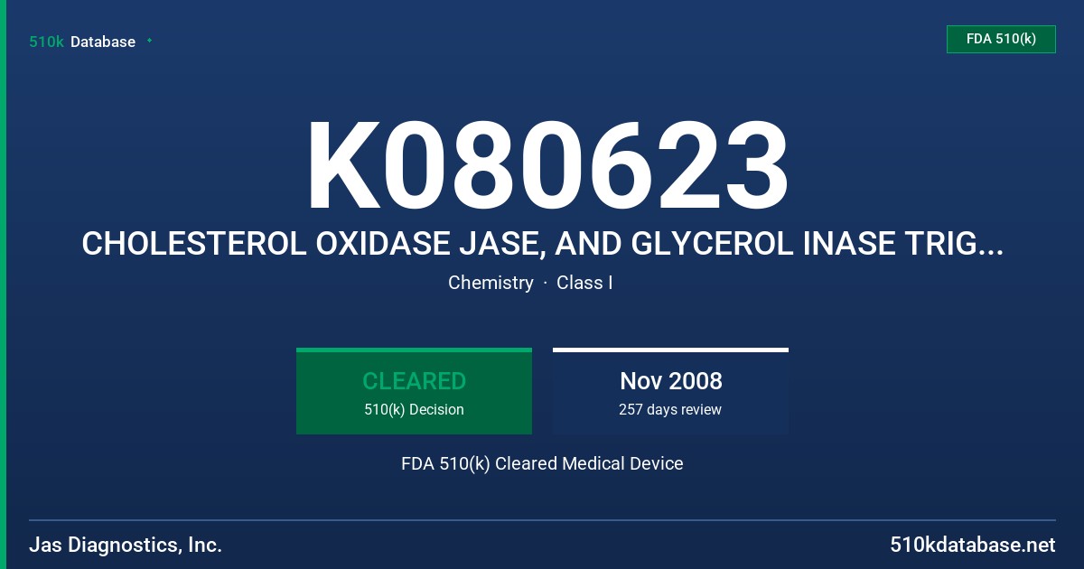 K080623 CHOLESTEROL OXIDASE JASE, AND GLYCEROL INASE TRIGLYCERIDES, MODEL NA FDA 510(k) Cleared Medical Device