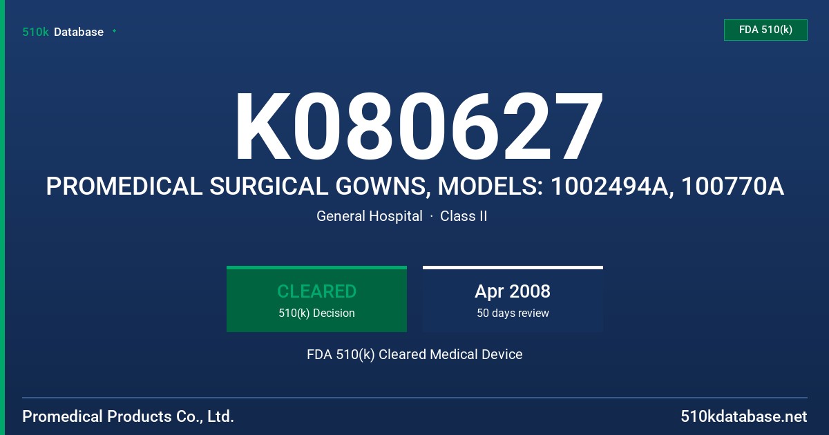 K080627 PROMEDICAL SURGICAL GOWNS, MODELS: 1002494A, 100770A FDA 510(k) Cleared Medical Device