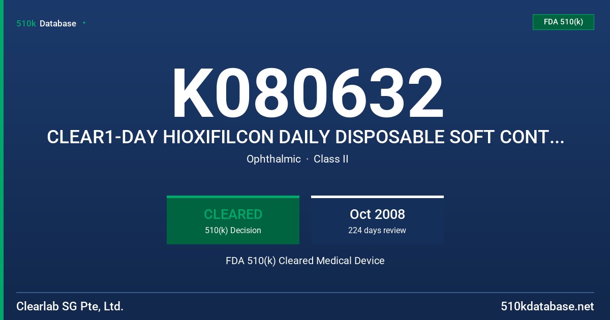 K080632 CLEAR1-DAY HIOXIFILCON DAILY DISPOSABLE SOFT CONTACT LENS FDA 510(k) Cleared Medical Device