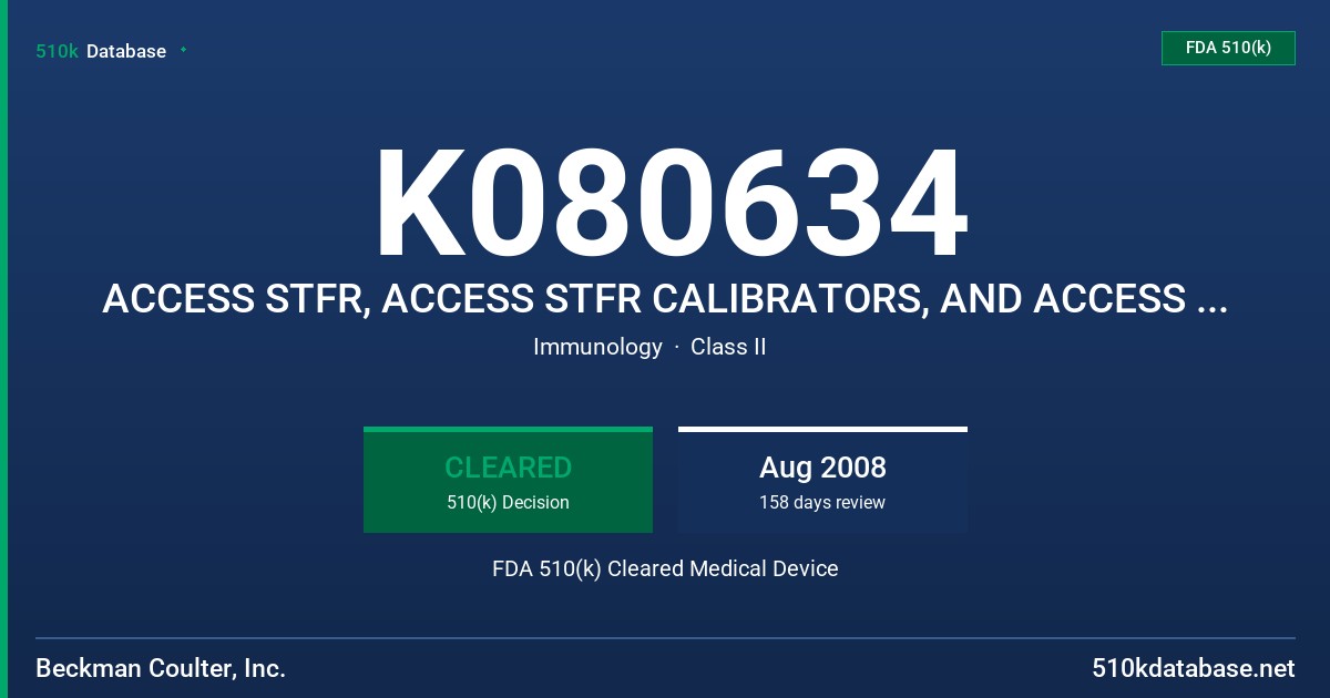 K080634 ACCESS STFR, ACCESS STFR CALIBRATORS, AND ACCESS STFR QC WITH MODELS, A32493, A32494, AND A32495 FDA 510(k) Cleared Medical Device