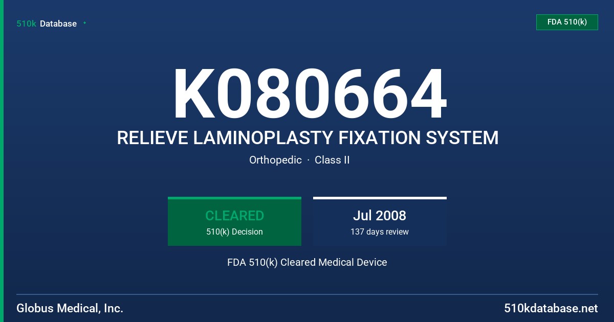 K080664 RELIEVE LAMINOPLASTY FIXATION SYSTEM FDA 510(k) Cleared Medical Device