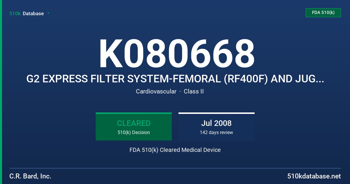 K080668 G2 EXPRESS FILTER SYSTEM-FEMORAL (RF400F) AND JUGULAR/SUBCLAVIAN (RF400J) DELIVERY KITS FDA 510(k) Cleared Medical Device