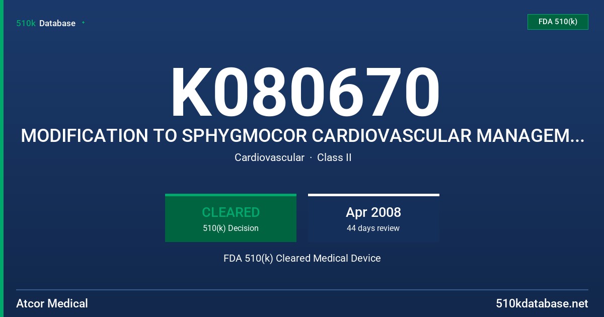 K080670 MODIFICATION TO SPHYGMOCOR CARDIOVASCULAR MANAGEMENT SYSTEM FDA 510(k) Cleared Medical Device