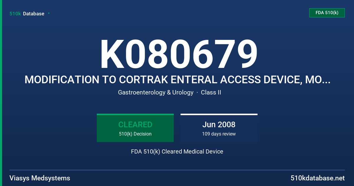K080679 MODIFICATION TO CORTRAK ENTERAL ACCESS DEVICE, MODEL 20-0900 FDA 510(k) Cleared Medical Device
