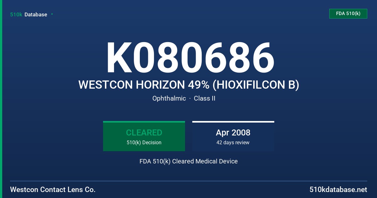 K080686 WESTCON HORIZON 49% (HIOXIFILCON B) FDA 510(k) Cleared Medical Device