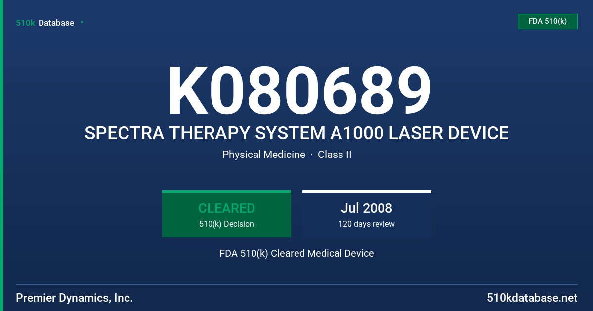 K080689 SPECTRA THERAPY SYSTEM A1000 LASER DEVICE FDA 510(k) Cleared Medical Device