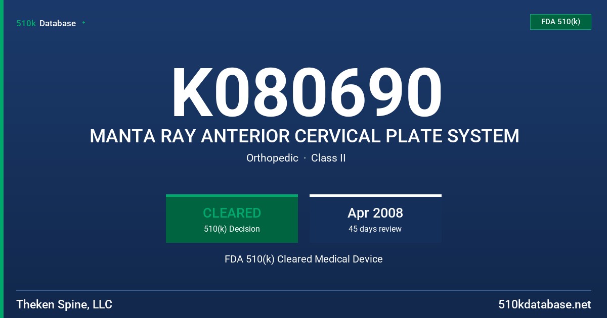 K080690 MANTA RAY ANTERIOR CERVICAL PLATE SYSTEM FDA 510(k) Cleared Medical Device