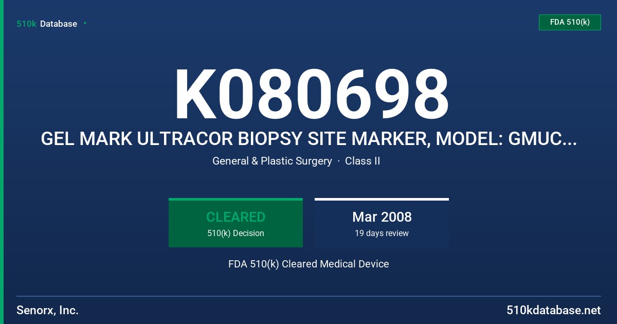 K080698 GEL MARK ULTRACOR BIOPSY SITE MARKER, MODEL: GMUC-17GGP FDA 510(k) Cleared Medical Device