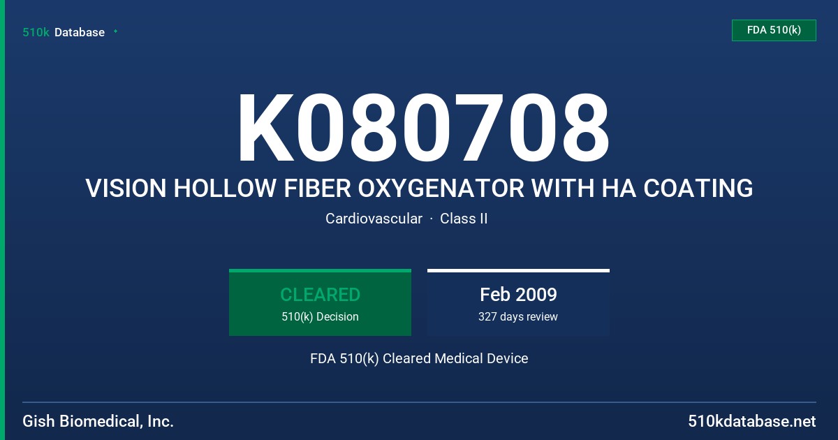 K080708 VISION HOLLOW FIBER OXYGENATOR WITH HA COATING FDA 510(k) Cleared Medical Device