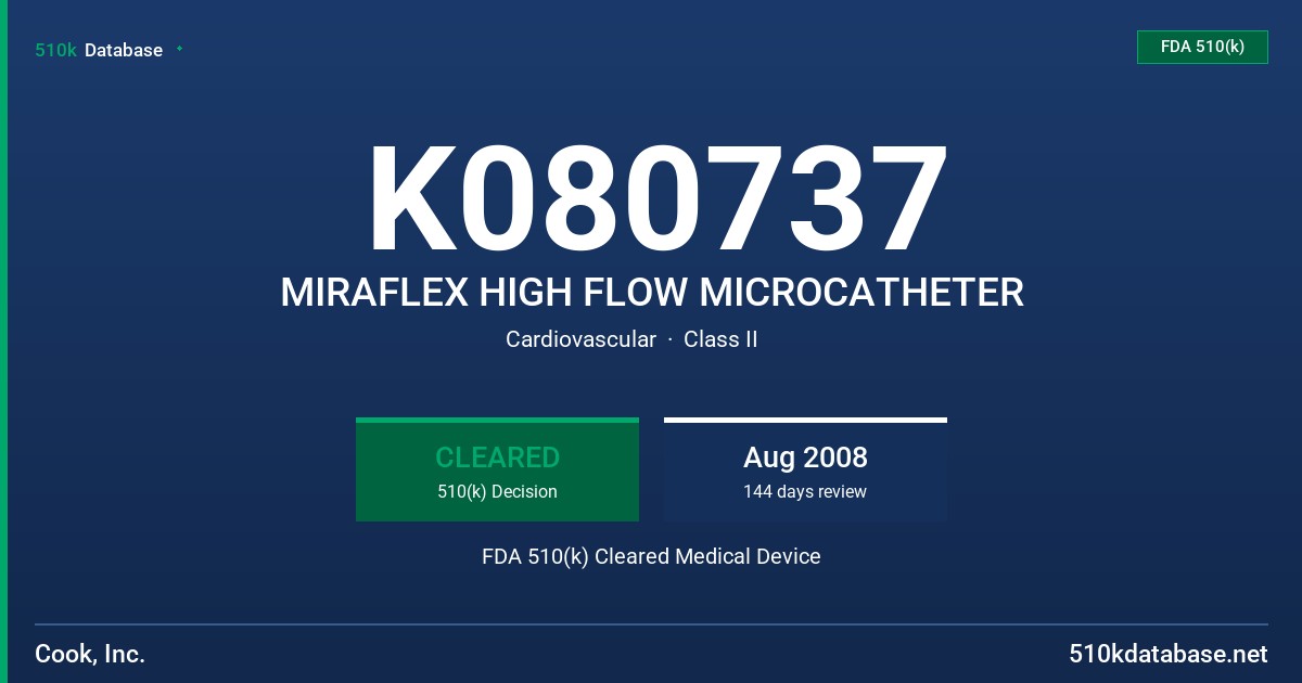 K080737 MIRAFLEX HIGH FLOW MICROCATHETER FDA 510(k) Cleared Medical Device