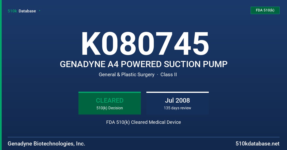 K080745 GENADYNE A4 POWERED SUCTION PUMP FDA 510(k) Cleared Medical Device