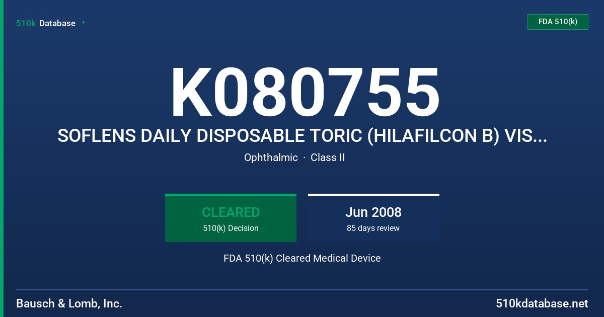 K080755 SOFLENS DAILY DISPOSABLE TORIC (HILAFILCON B) VISIBILITY TINTED CONTACT LENS FDA 510(k) Cleared Medical Device
