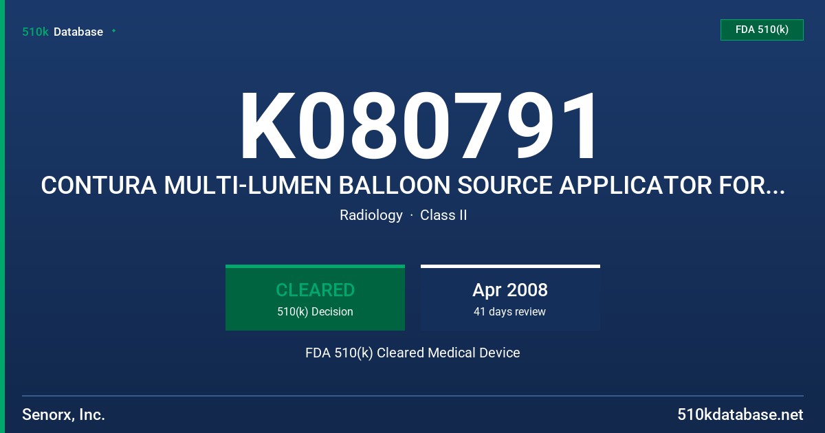 K080791 CONTURA MULTI-LUMEN BALLOON SOURCE APPLICATOR FOR BRACHYTHERAPY, MODELS B001-45 AND B011-45 FDA 510(k) Cleared Medical Device