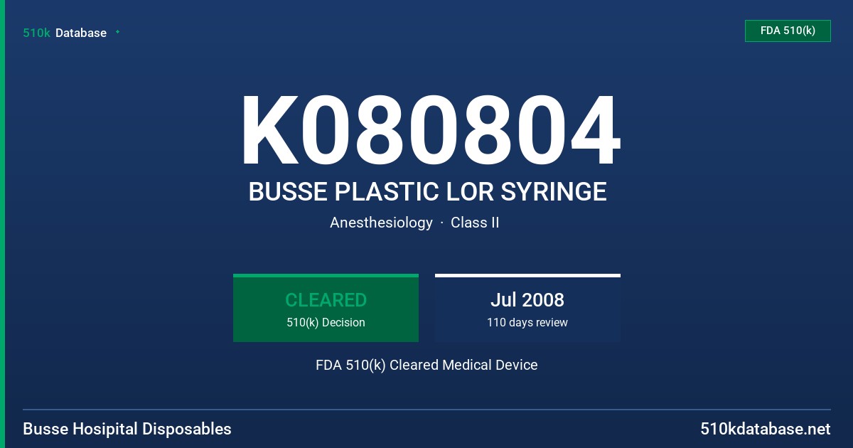K080804 BUSSE PLASTIC LOR SYRINGE FDA 510(k) Cleared Medical Device