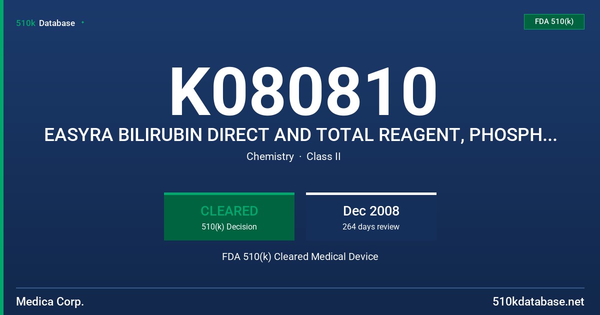 K080810 EASYRA BILIRUBIN DIRECT AND TOTAL REAGENT, PHOSPHORUS INORGANIC REAGENT AND IRON AND MAGNESIUM REAGENT FDA 510(k) Cleared Medical Device
