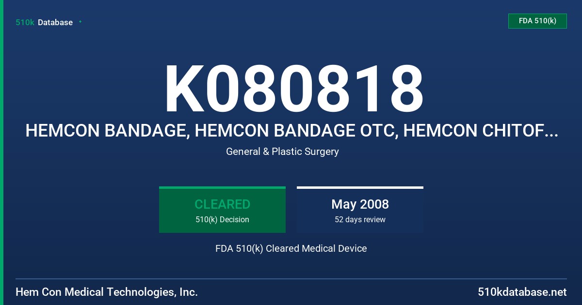K080818 HEMCON BANDAGE, HEMCON BANDAGE OTC, HEMCON CHITOFLEX-SURGICAL DRESSING FDA 510(k) Cleared Medical Device