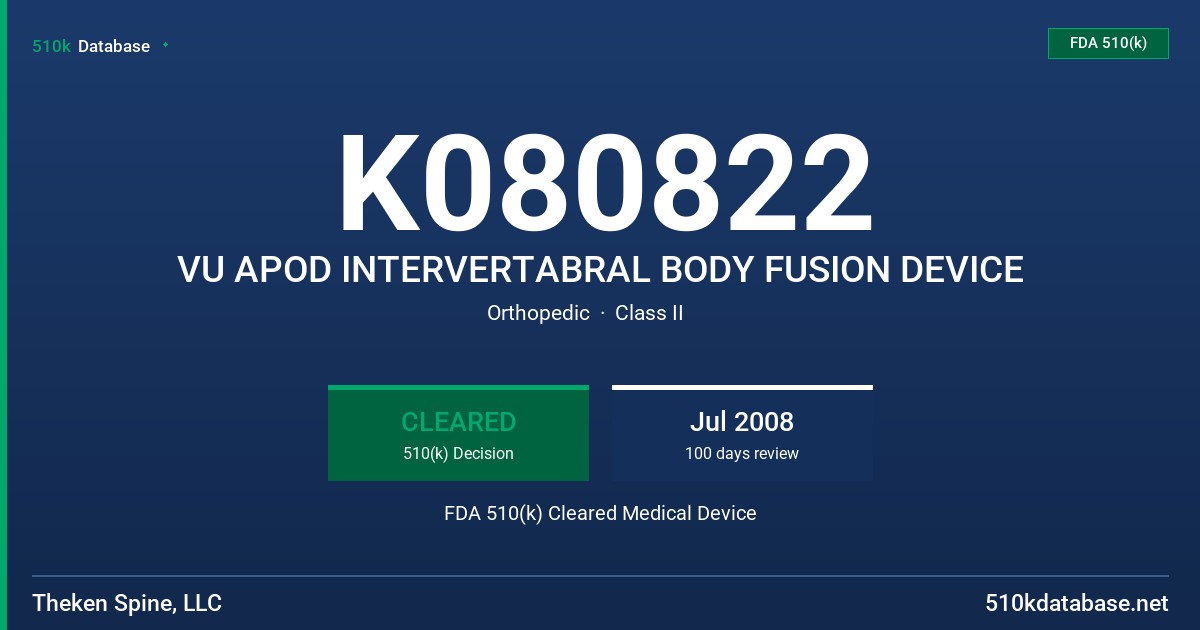 K080822 VU APOD INTERVERTABRAL BODY FUSION DEVICE FDA 510(k) Cleared Medical Device