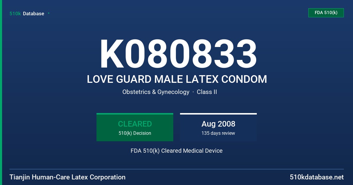 K080833 LOVE GUARD MALE LATEX CONDOM FDA 510(k) Cleared Medical Device