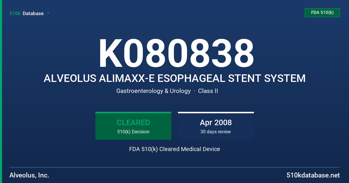 K080838 ALVEOLUS ALIMAXX-E ESOPHAGEAL STENT SYSTEM FDA 510(k) Cleared Medical Device