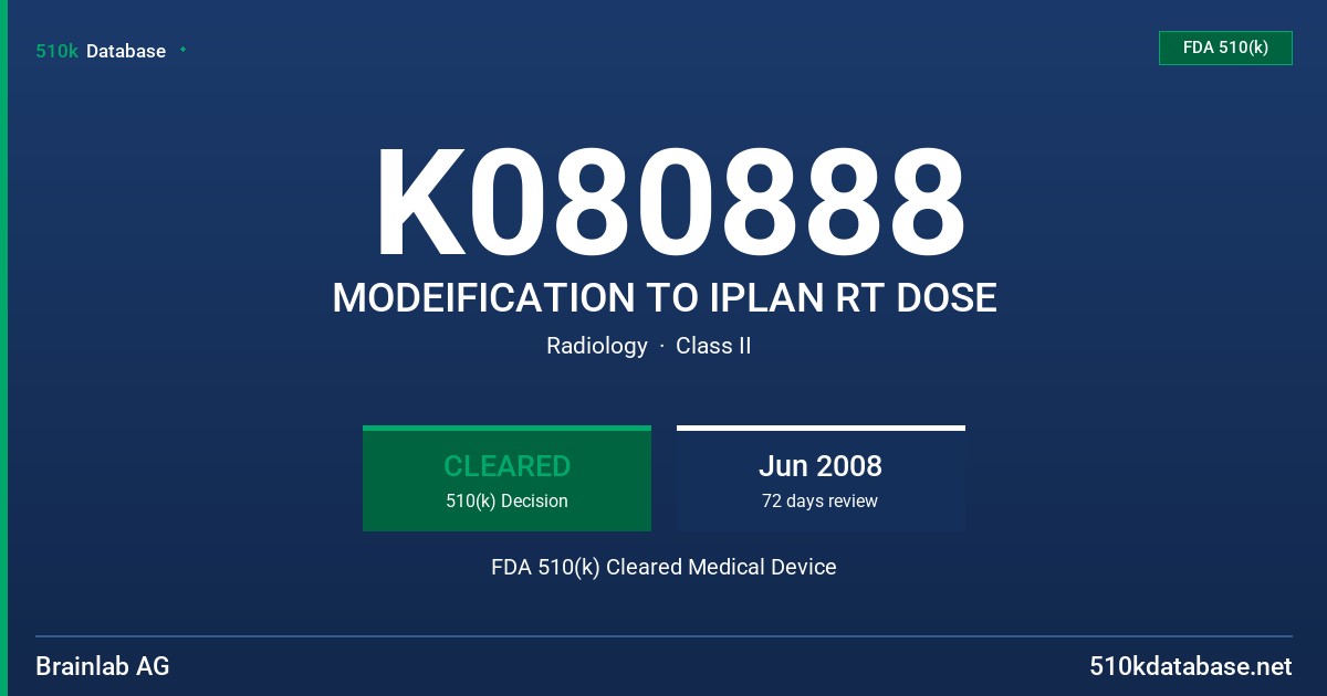 K080888 MODEIFICATION TO IPLAN RT DOSE FDA 510(k) Cleared Medical Device