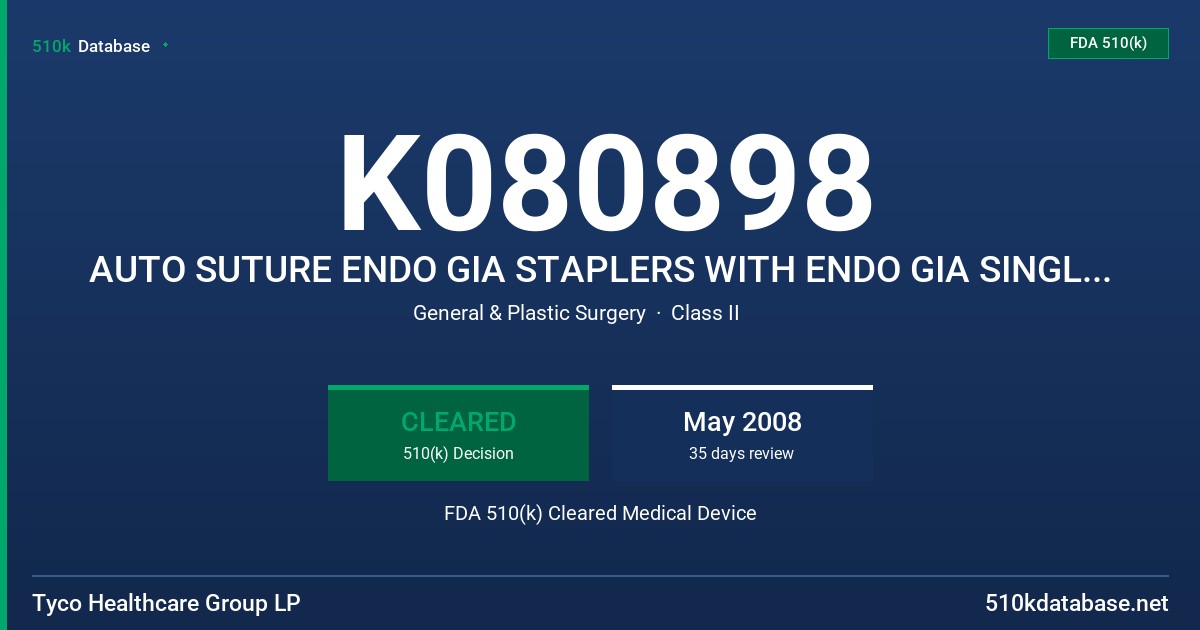 K080898 AUTO SUTURE ENDO GIA STAPLERS WITH ENDO GIA SINGLE USE LOADING UNITS WITH STAPLE LINE REINFORCEMENT FDA 510(k) Cleared Medical Device