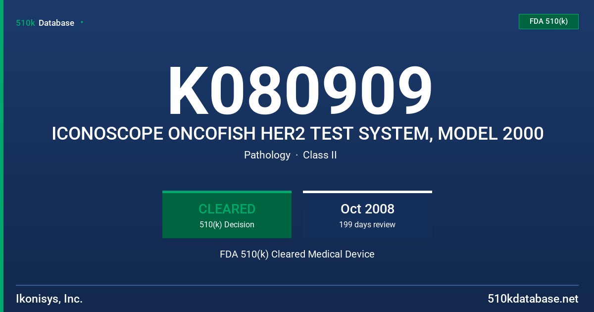 K080909 ICONOSCOPE ONCOFISH HER2 TEST SYSTEM, MODEL 2000 FDA 510(k) Cleared Medical Device