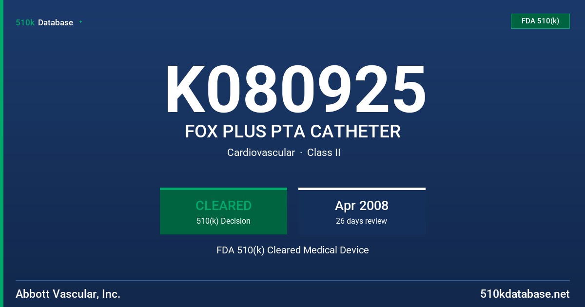K080925 FOX PLUS PTA CATHETER FDA 510(k) Cleared Medical Device