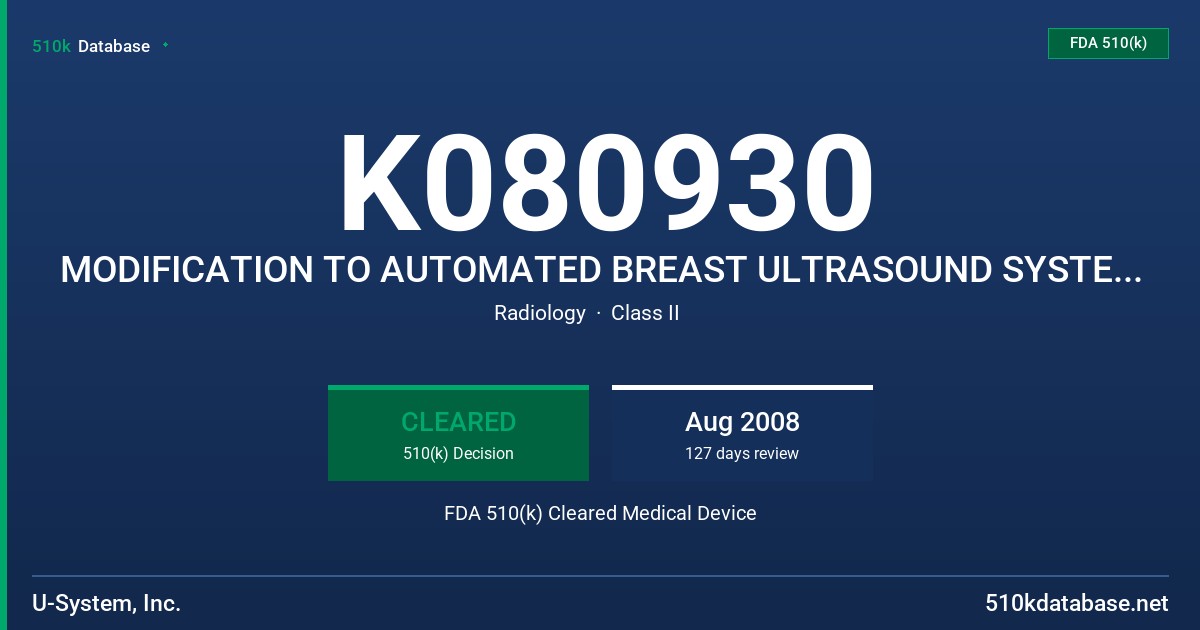 K080930 MODIFICATION TO AUTOMATED BREAST ULTRASOUND SYSTEM, MODEL ABUS FDA 510(k) Cleared Medical Device