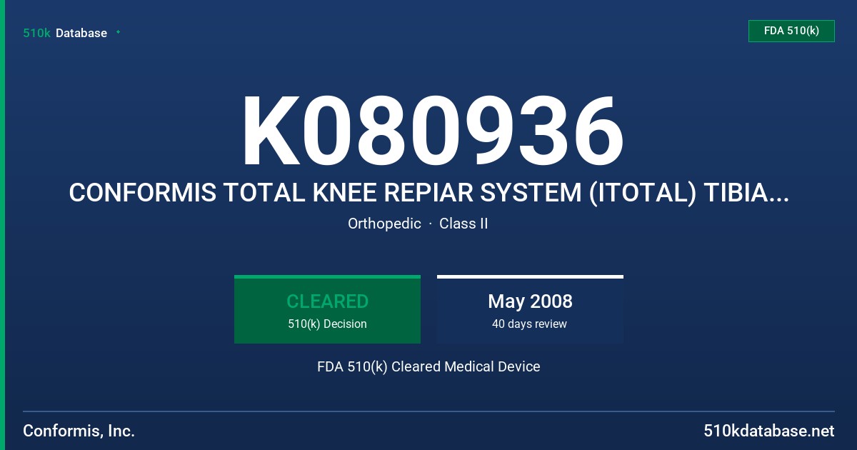 K080936 CONFORMIS TOTAL KNEE REPIAR SYSTEM (ITOTAL) TIBIAL COMPONENT: 6.0 MM THICKNESS FDA 510(k) Cleared Medical Device