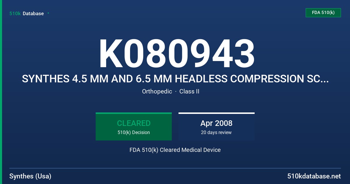 K080943 SYNTHES 4.5 MM AND 6.5 MM HEADLESS COMPRESSION SCREWS FDA 510(k) Cleared Medical Device