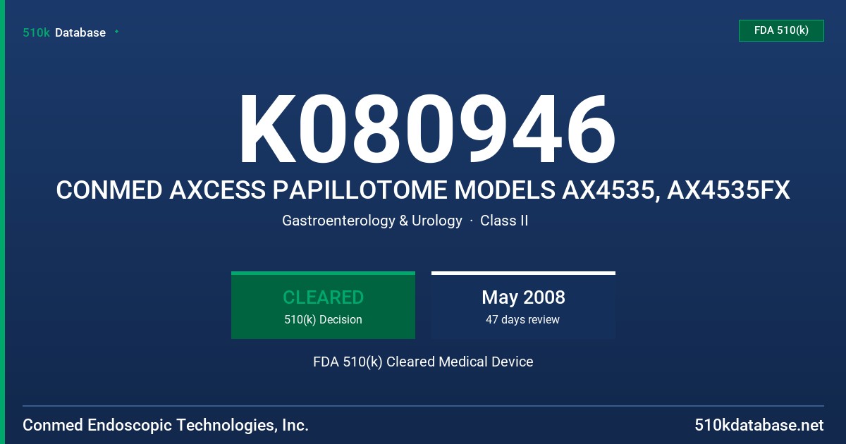 K080946 CONMED AXCESS PAPILLOTOME MODELS AX4535, AX4535FX FDA 510(k) Cleared Medical Device