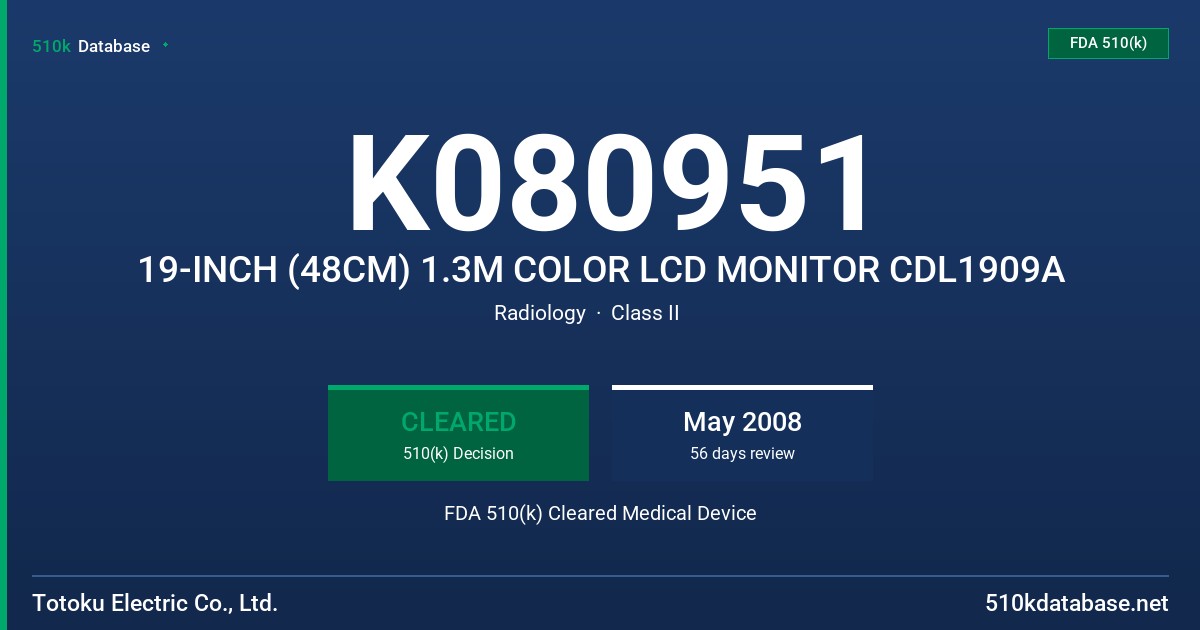 K080951 19-INCH (48CM) 1.3M COLOR LCD MONITOR CDL1909A FDA 510(k) Cleared Medical Device