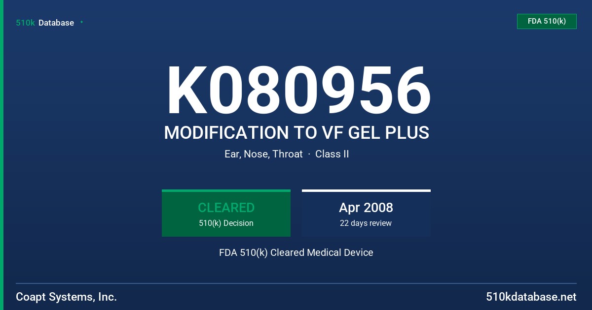 K080956 MODIFICATION TO VF GEL PLUS FDA 510(k) Cleared Medical Device