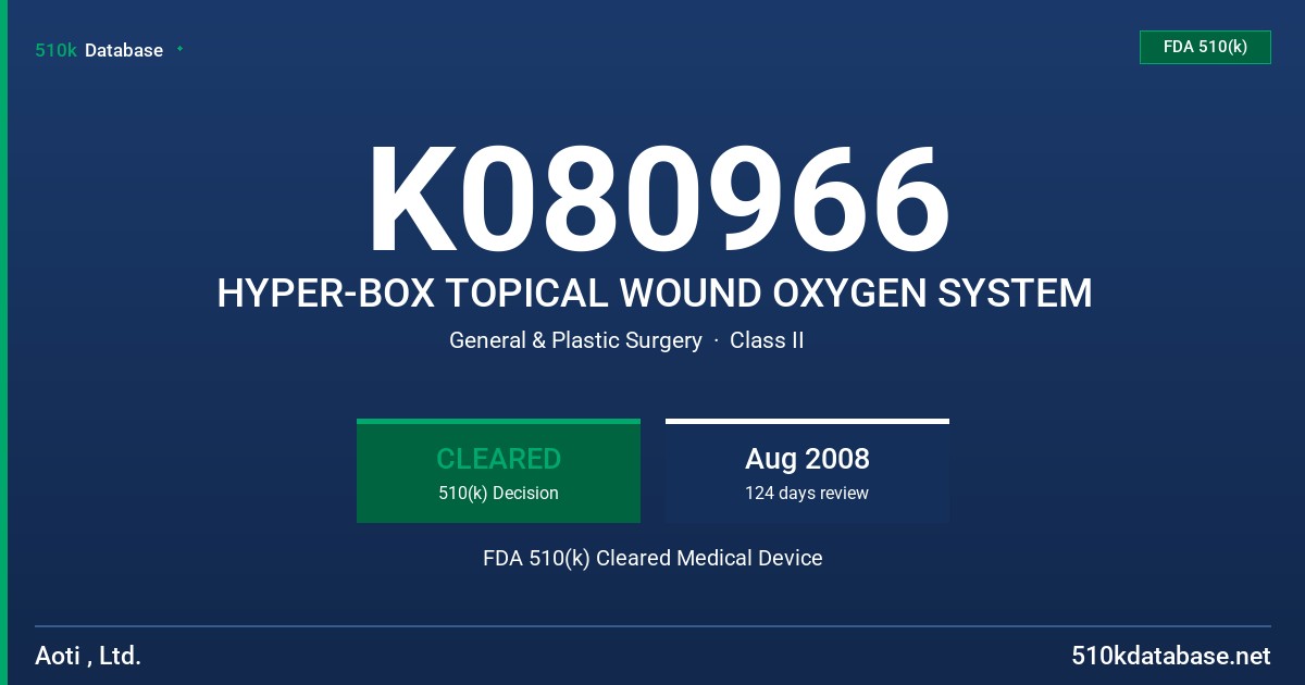 K080966 HYPER-BOX TOPICAL WOUND OXYGEN SYSTEM FDA 510(k) Cleared Medical Device