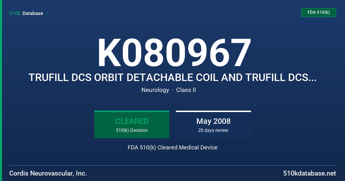 K080967 TRUFILL DCS ORBIT DETACHABLE COIL AND TRUFILL DCS SYRINGE OR TRUFILL DCS SYRINGE II, ALSO KNOWN AS THE TRUFILL DCS ORBIT FDA 510(k) Cleared Medical Device