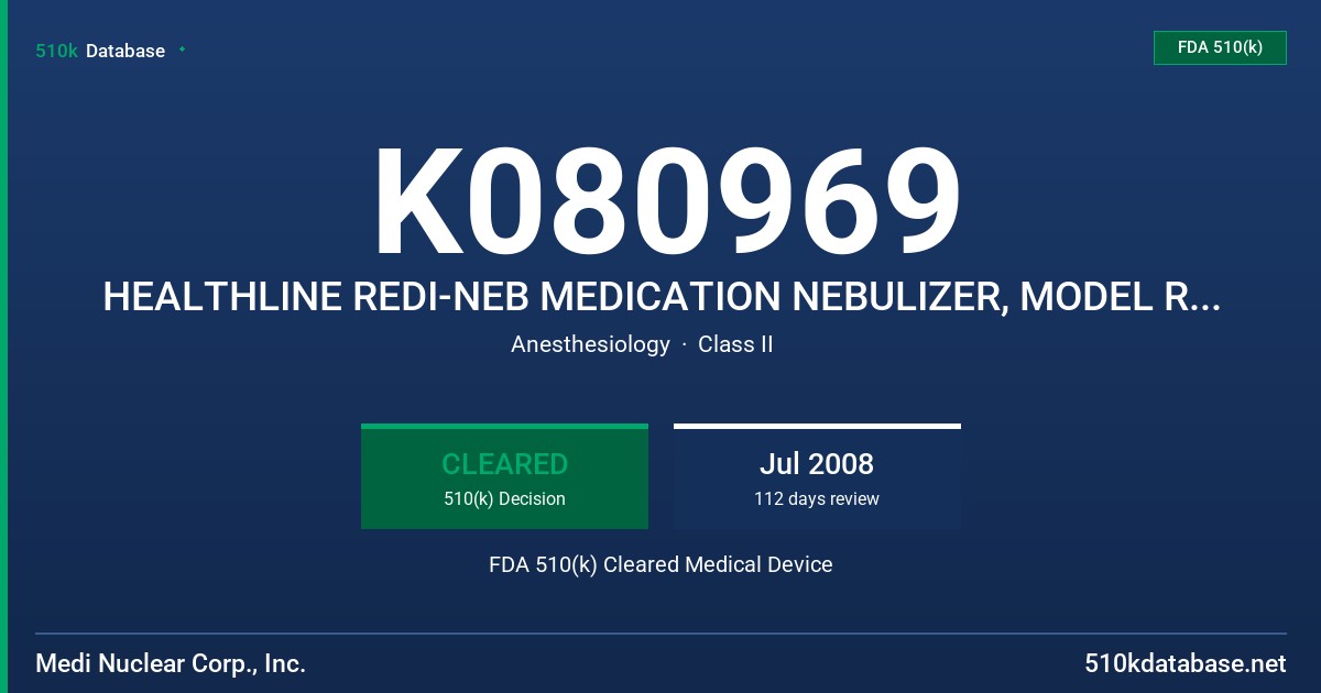 K080969 HEALTHLINE REDI-NEB MEDICATION NEBULIZER, MODEL RN-510 FDA 510(k) Cleared Medical Device