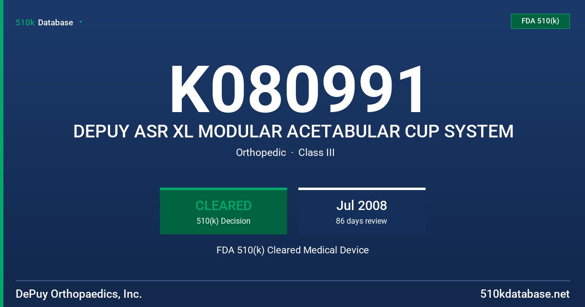 K080991 DEPUY ASR XL MODULAR ACETABULAR CUP SYSTEM FDA 510(k) Cleared Medical Device