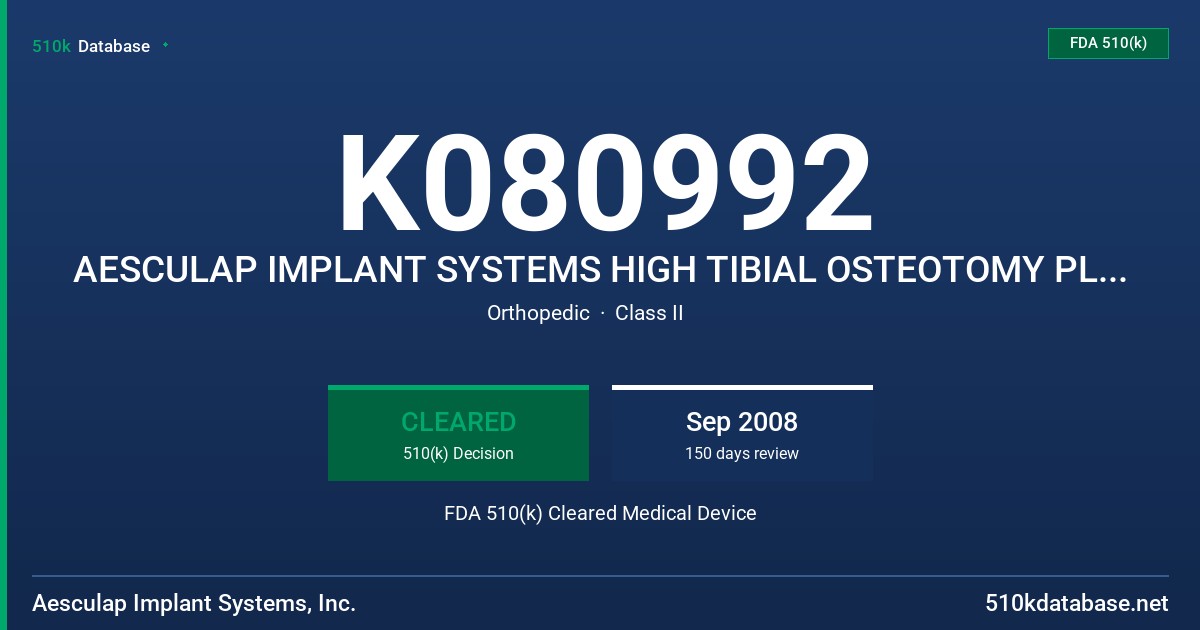K080992 AESCULAP IMPLANT SYSTEMS HIGH TIBIAL OSTEOTOMY PLATING SYSTEM FDA 510(k) Cleared Medical Device