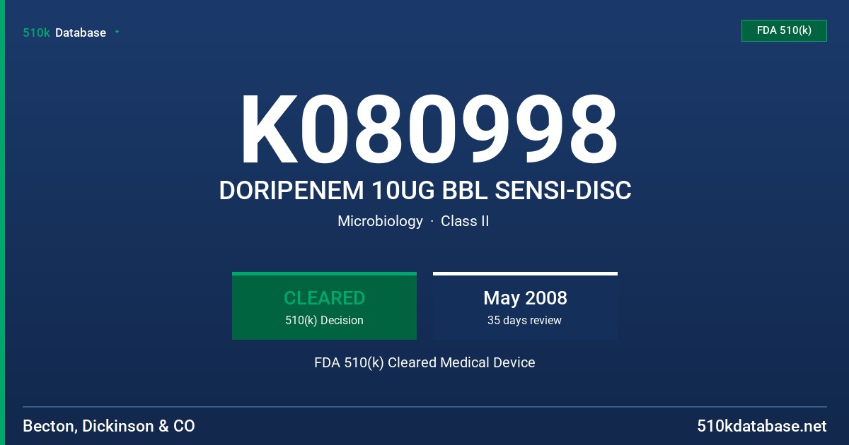 K080998 DORIPENEM 10UG BBL SENSI-DISC FDA 510(k) Cleared Medical Device