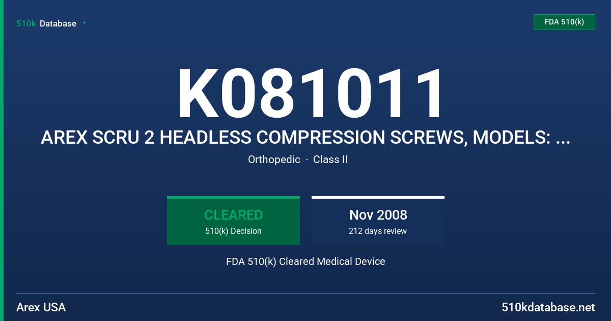 K081011 AREX SCRU 2 HEADLESS COMPRESSION SCREWS, MODELS: P2P10, P2P15, P2P20, P2P25, P2P30, P2P35, P2P40, P2P45 FDA 510(k) Cleared Medical Device