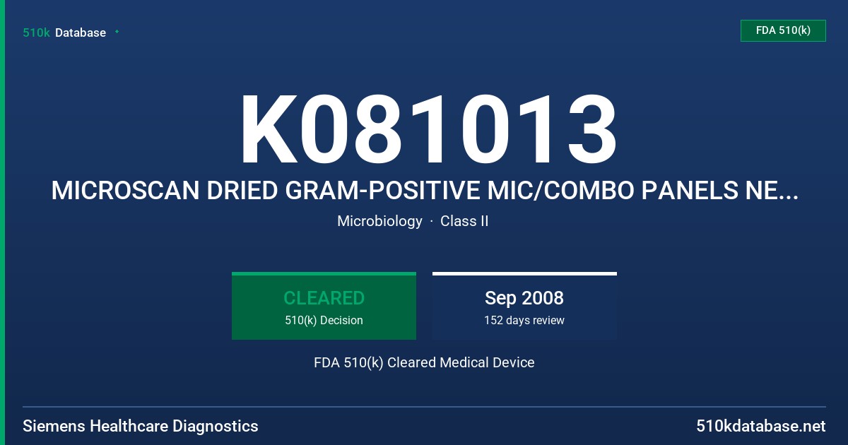 K081013 MICROSCAN DRIED GRAM-POSITIVE MIC/COMBO PANELS NEW ANTIMICROBIAL TEST CEFOXITIN SCREEN FDA 510(k) Cleared Medical Device