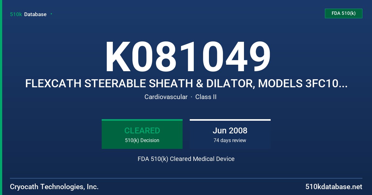 K081049 FLEXCATH STEERABLE SHEATH & DILATOR, MODELS 3FC10, 3FC12 FDA 510(k) Cleared Medical Device