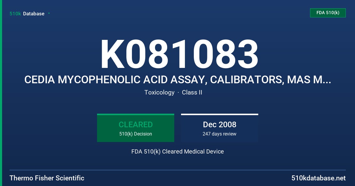 K081083 CEDIA MYCOPHENOLIC ACID ASSAY, CALIBRATORS, MAS MYCOPHENOLIC ACID CONTROLS FDA 510(k) Cleared Medical Device