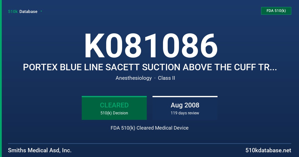 K081086 PORTEX BLUE LINE SACETT SUCTION ABOVE THE CUFF TRACHEAL TUBE, SIZE 6.0 AND 6.5, 7.0 AND 7.5, 8.0 AND 8.5, 9.0 FDA 510(k) Cleared Medical Device