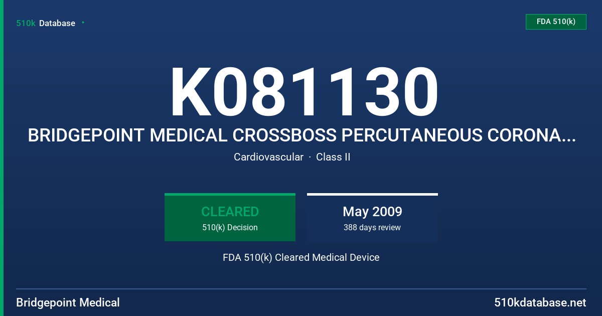 K081130 BRIDGEPOINT MEDICAL CROSSBOSS PERCUTANEOUS CORONARY CATHETER FDA 510(k) Cleared Medical Device