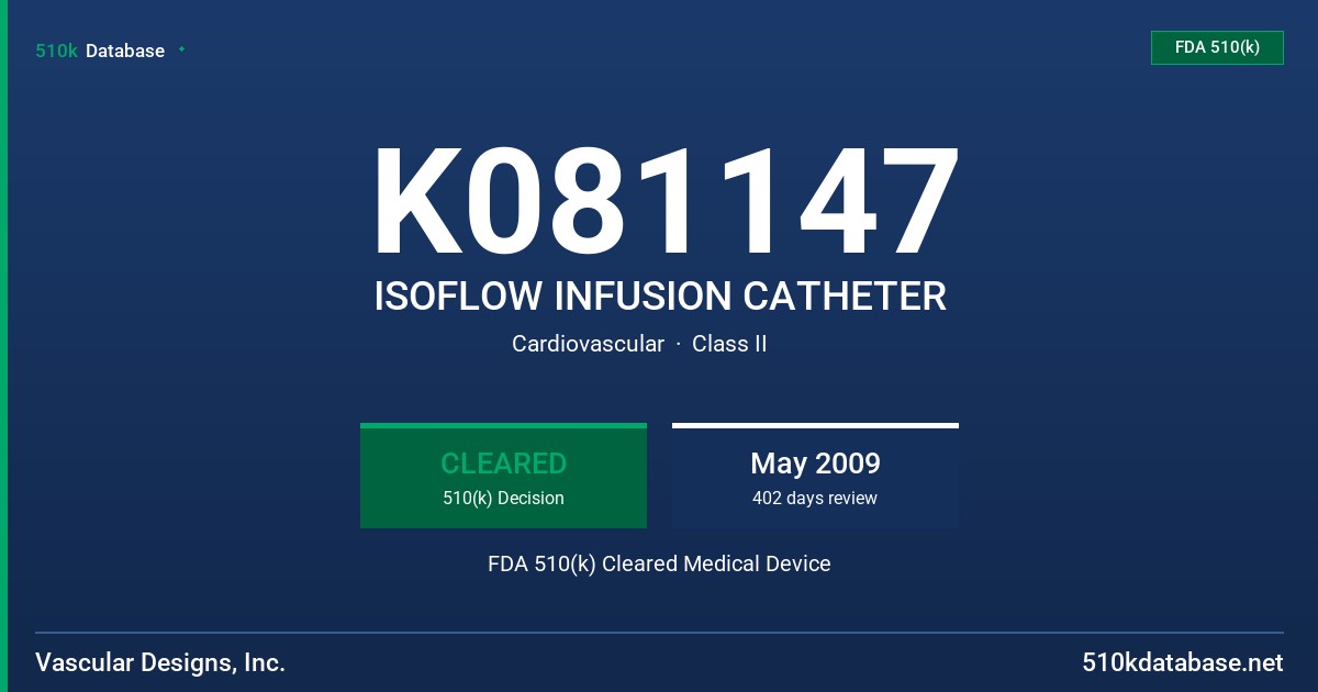K081147 ISOFLOW INFUSION CATHETER FDA 510(k) Cleared Medical Device