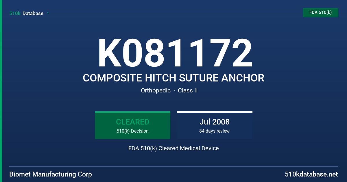 K081172 COMPOSITE HITCH SUTURE ANCHOR FDA 510(k) Cleared Medical Device